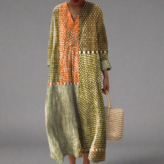 Vivienne™ | Robe midi à motif patchwork en couleurs terre